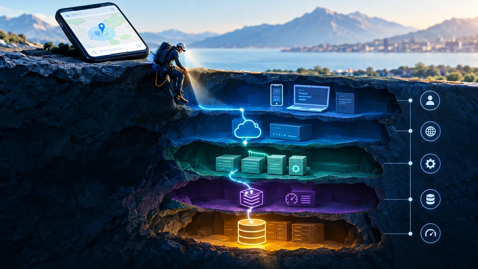 A spelunker traces a request from a map app through application and database layers underground