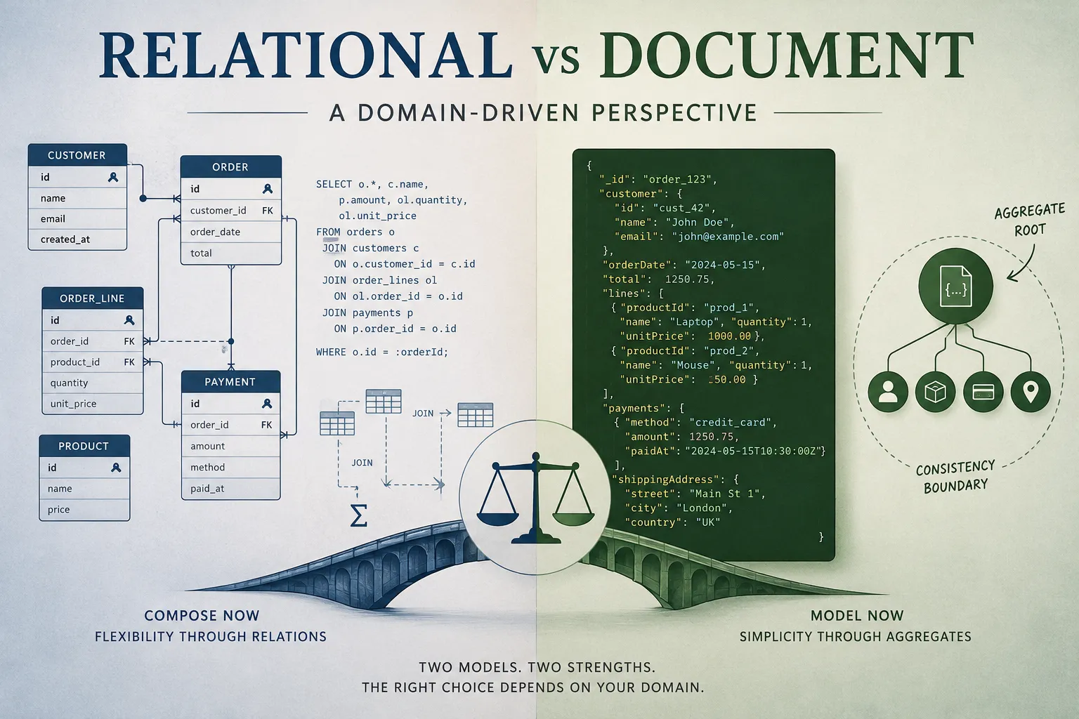 A diagram showing the difference between a relational model and a document model